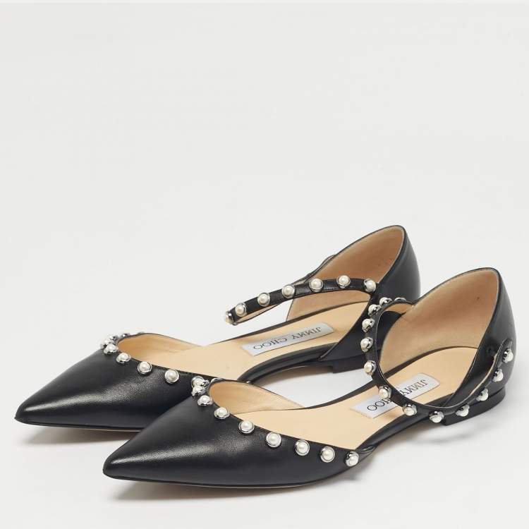 Pre Owned Jimmy Choo Black Leather Pearl Embellish Leema Ankle Strap Flats Size 38