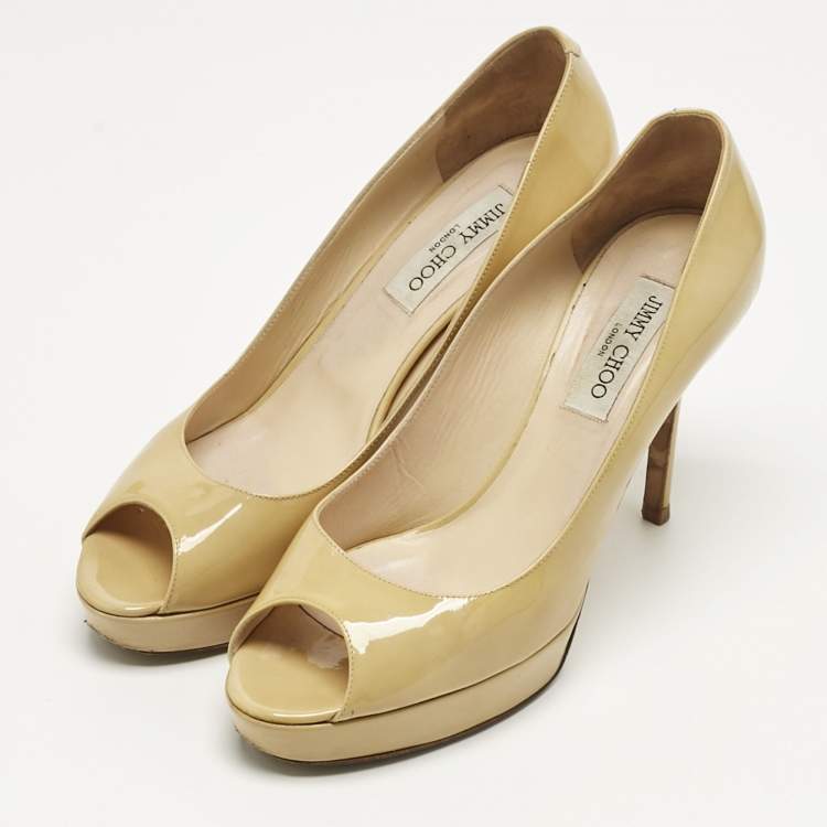 Pre Owned Jimmy Choo Beige Patent Leather Crown Peep Toe  Platform Pumps Size 40.5