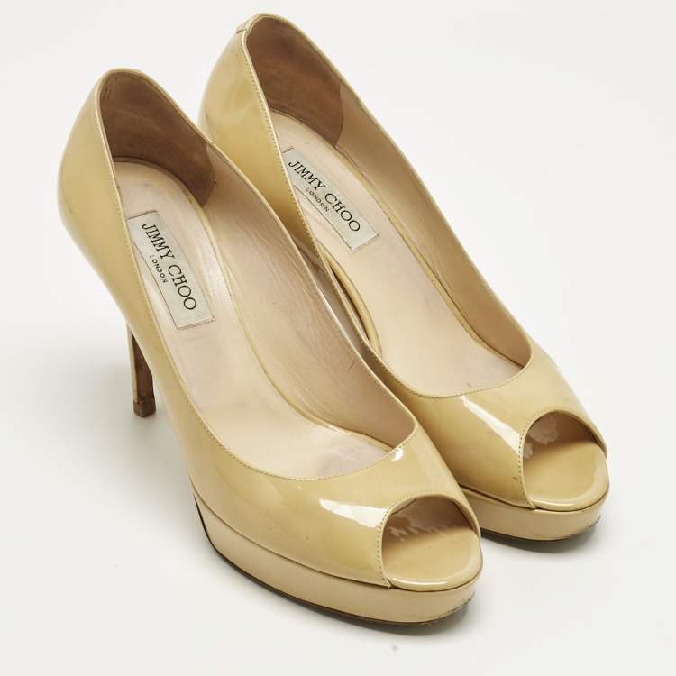 Pre Owned Jimmy Choo Beige Patent Leather Crown Peep Toe  Platform Pumps Size 40.5