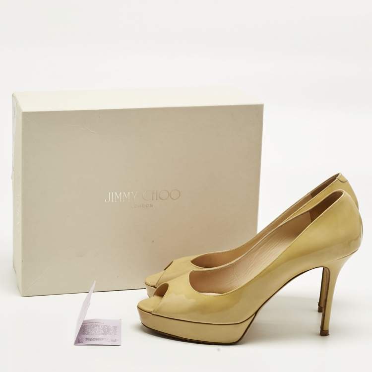 Pre Owned Jimmy Choo Beige Patent Leather Crown Peep Toe  Platform Pumps Size 40.5