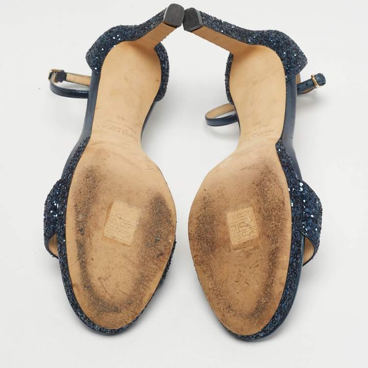 Pre Owned Jimmy Choo Metallic Blue Glitter and Leather Ankle Strap Sandals Size 40