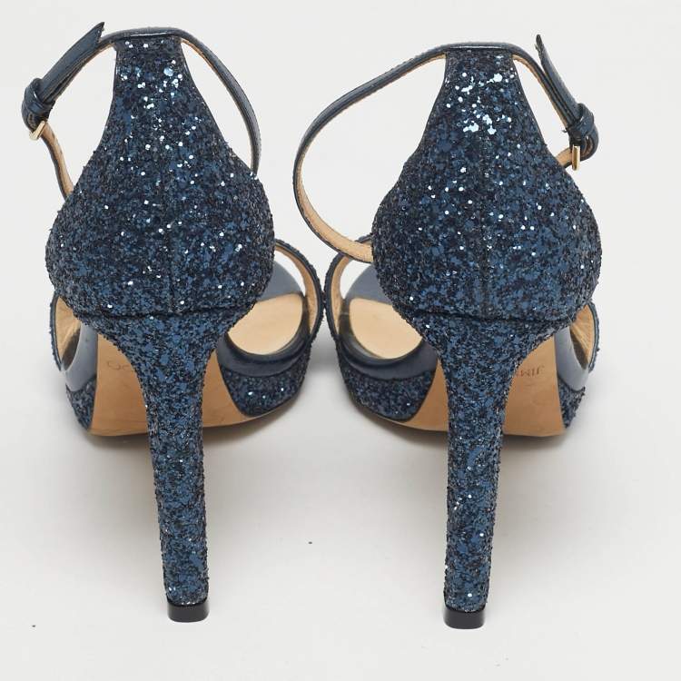 Pre Owned Jimmy Choo Metallic Blue Glitter and Leather Ankle Strap Sandals Size 40