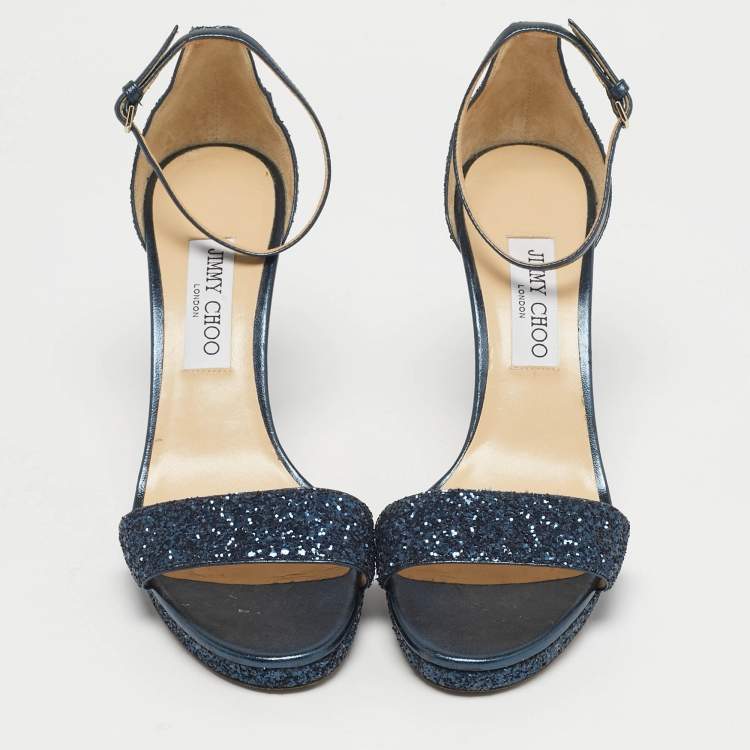 Pre Owned Jimmy Choo Metallic Blue Glitter and Leather Ankle Strap Sandals Size 40