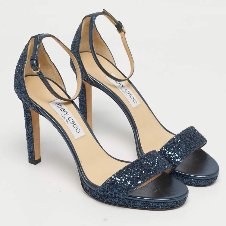 Pre Owned Jimmy Choo Metallic Blue Glitter and Leather Ankle Strap Sandals Size 40