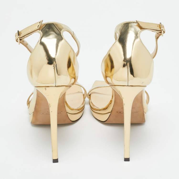 Pre Owned Jimmy Choo Gold Leather Alva Ankle Strap Sandals Size 38