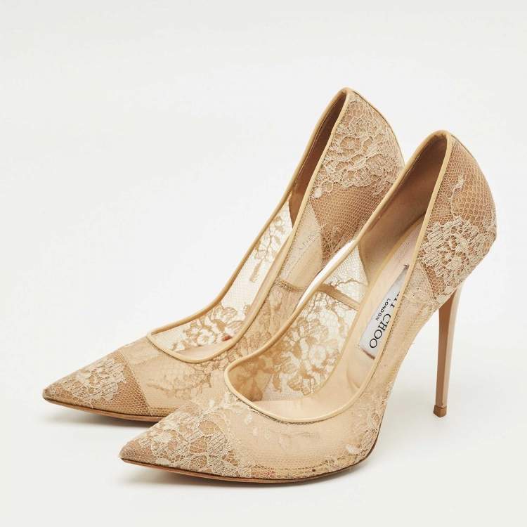 Pre Owned Jimmy Choo Beige Lace and Mesh Abel Pumps Size 40