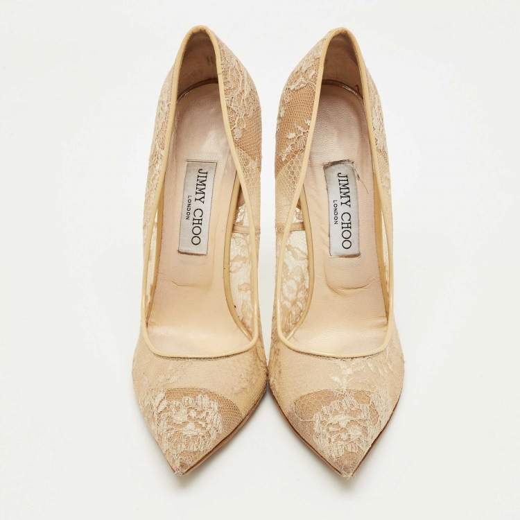 Pre Owned Jimmy Choo Beige Lace and Mesh Abel Pumps Size 40