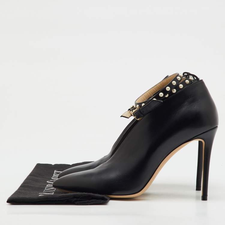 Pre Owned Jimmy Choo Black Leather Pointed Toe Lark Pearl Ankle Strap Pumps Size 40