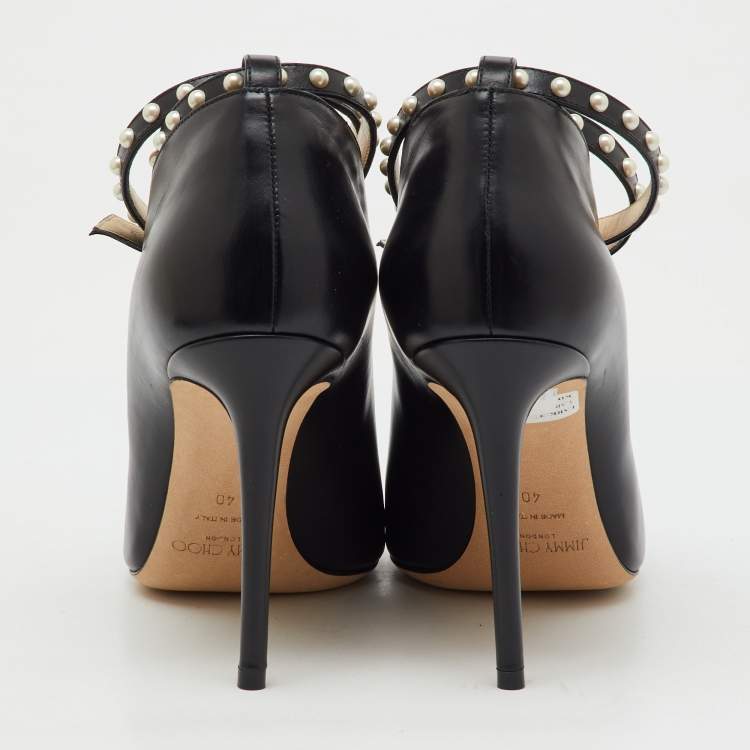 Pre Owned Jimmy Choo Black Leather Pointed Toe Lark Pearl Ankle Strap Pumps Size 40