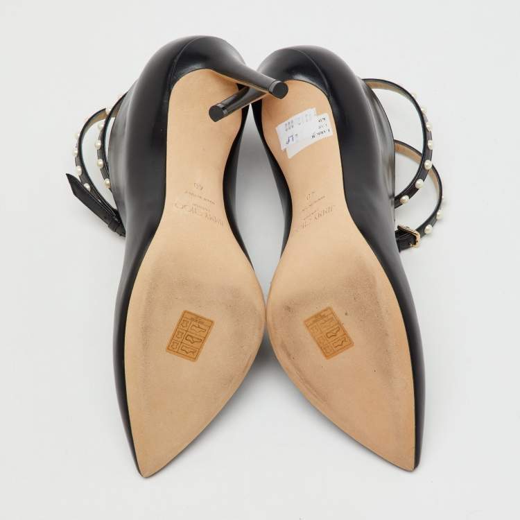 Pre Owned Jimmy Choo Black Leather Pointed Toe Lark Pearl Ankle Strap Pumps Size 40