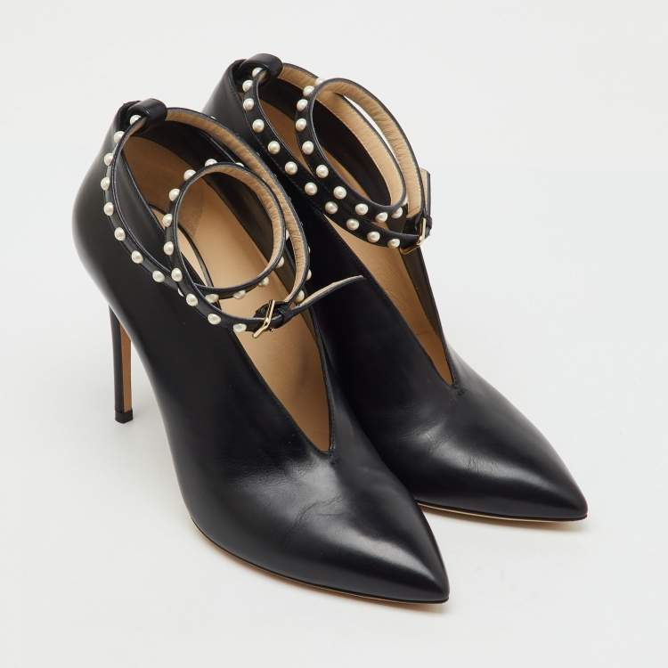 Pre Owned Jimmy Choo Black Leather Pointed Toe Lark Pearl Ankle Strap Pumps Size 40