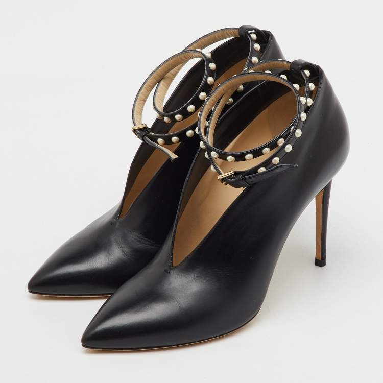 Pre Owned Jimmy Choo Black Leather Pointed Toe Lark Pearl Ankle Strap Pumps Size 40