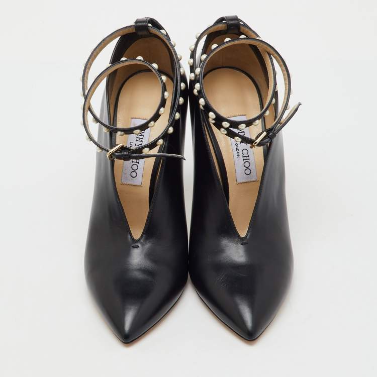 Pre Owned Jimmy Choo Black Leather Pointed Toe Lark Pearl Ankle Strap Pumps Size 40