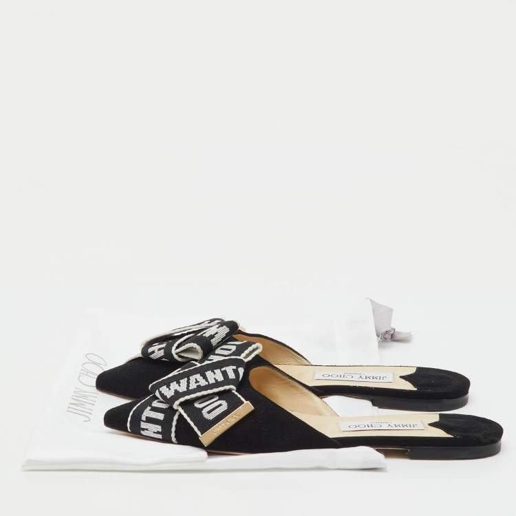 Pre Owned Jimmy Choo Black Suede Logo Web Gretchen Flat Mules Size 38