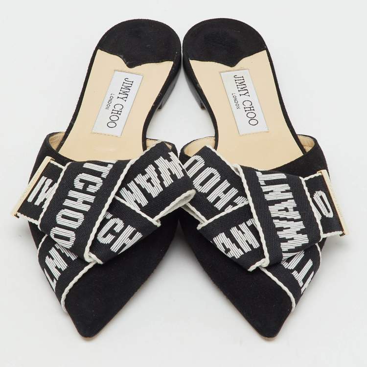 Pre Owned Jimmy Choo Black Suede Logo Web Gretchen Flat Mules Size 38