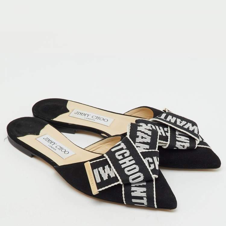 Pre Owned Jimmy Choo Black Suede Logo Web Gretchen Flat Mules Size 38
