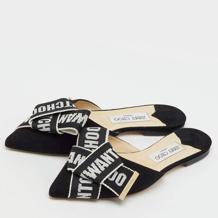 Pre Owned Jimmy Choo Black Suede Logo Web Gretchen Flat Mules Size 38