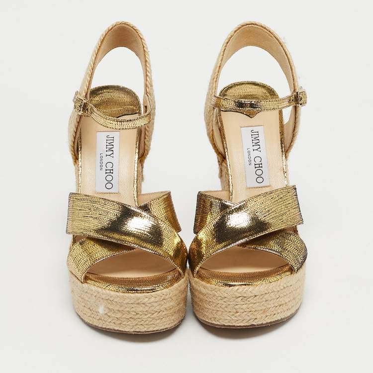 Pre Owned Jimmy Choo Gold Foil Leather Espadrille Wedge Sandals Size 37
