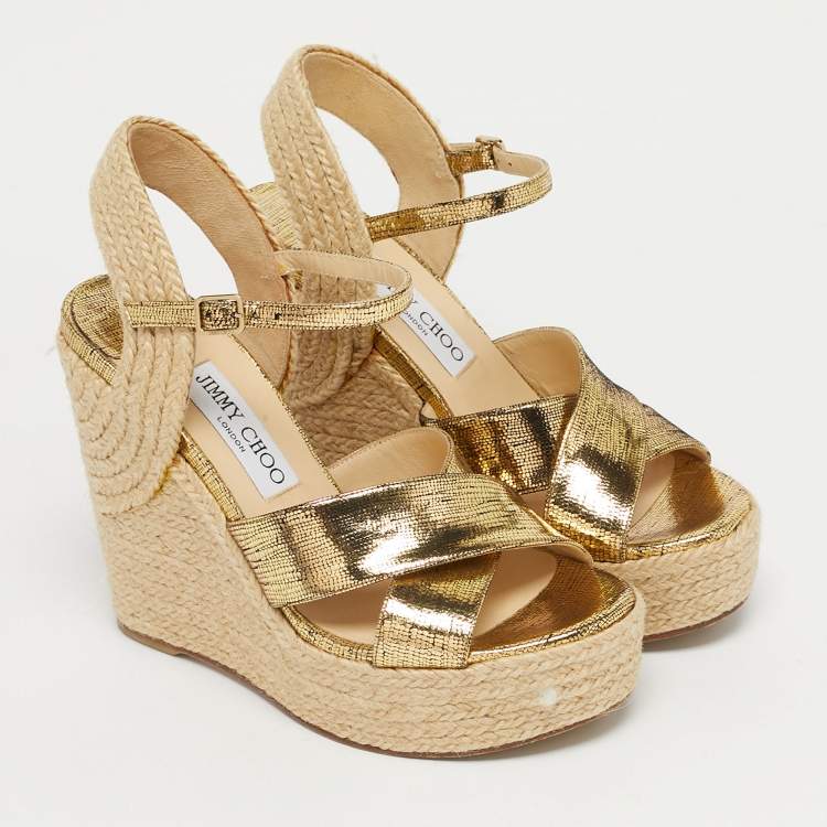 Pre Owned Jimmy Choo Gold Foil Leather Espadrille Wedge Sandals Size 37