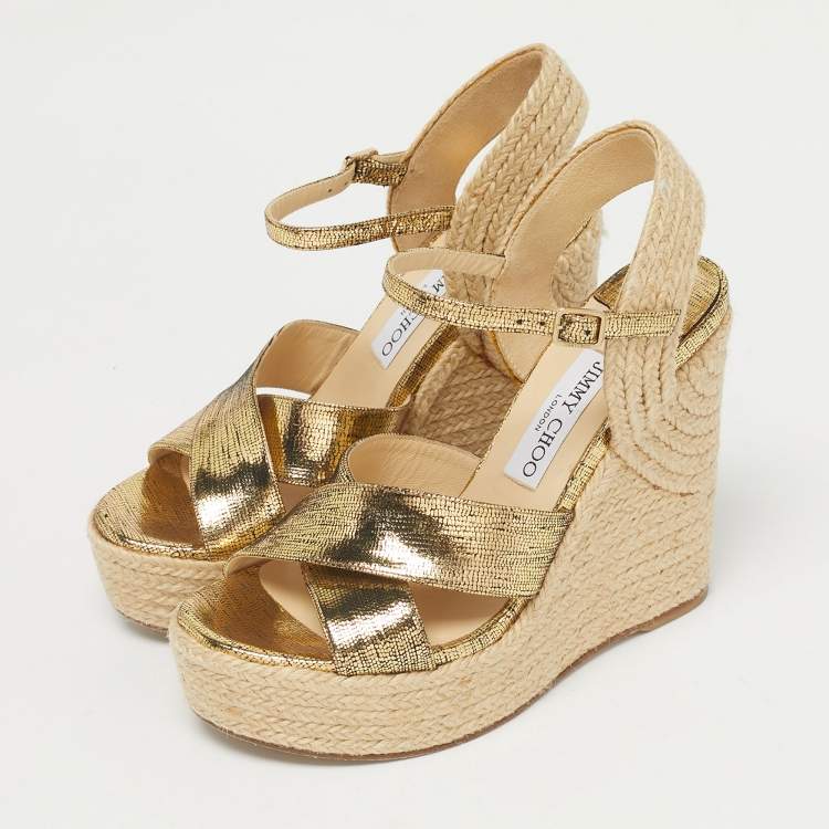 Pre Owned Jimmy Choo Gold Foil Leather Espadrille Wedge Sandals Size 37