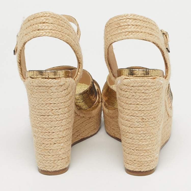 Pre Owned Jimmy Choo Gold Foil Leather Espadrille Wedge Sandals Size 37