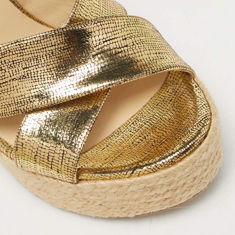 Pre Owned Jimmy Choo Gold Foil Leather Espadrille Wedge Sandals Size 37