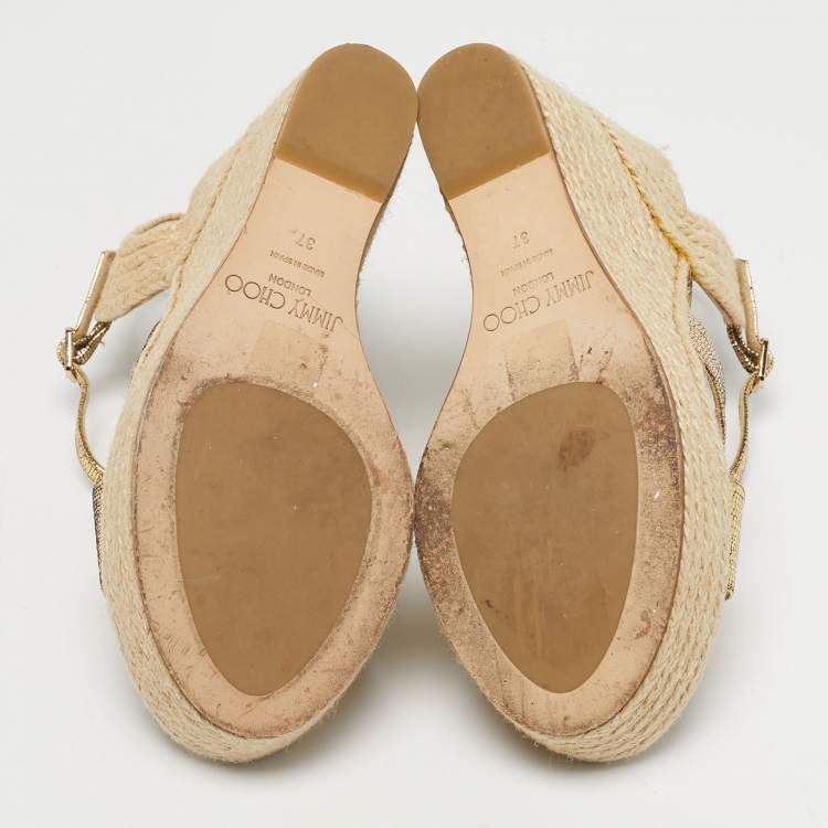 Pre Owned Jimmy Choo Gold Foil Leather Espadrille Wedge Sandals Size 37