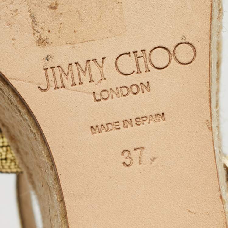 Pre Owned Jimmy Choo Gold Foil Leather Espadrille Wedge Sandals Size 37