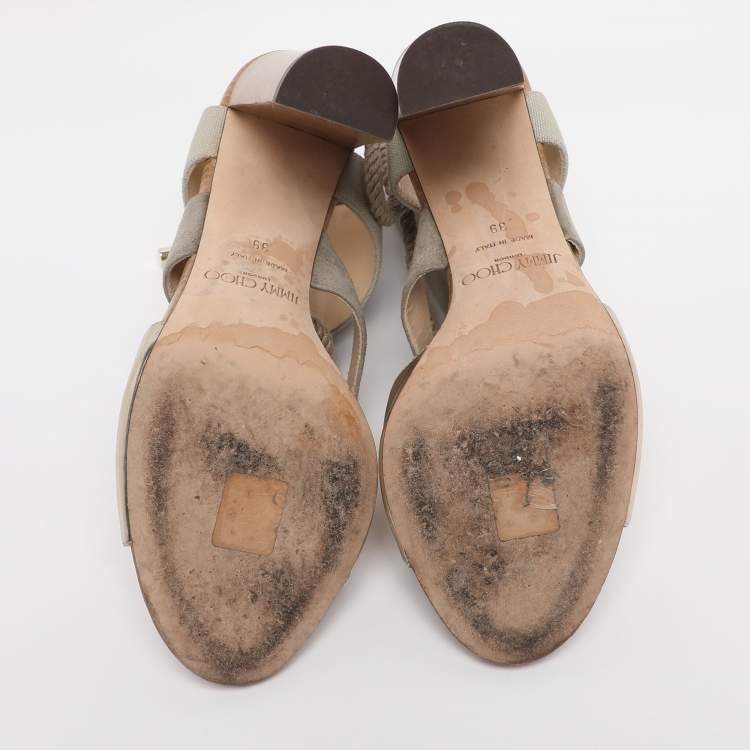 Pre Owned Jimmy Choo Grey/Gold Canvas and Leather Henni Cut Out Sandals Size 39