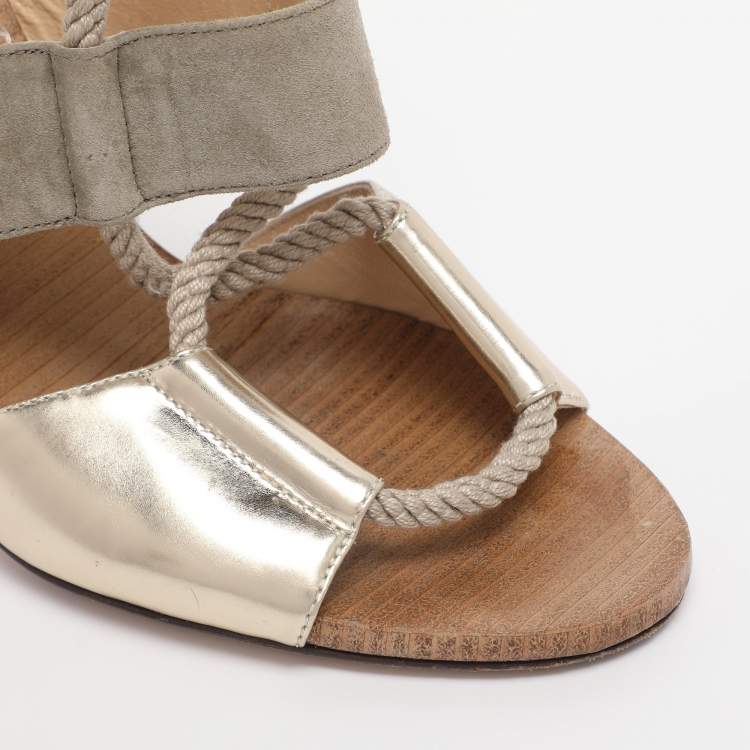 Pre Owned Jimmy Choo Grey/Gold Canvas and Leather Henni Cut Out Sandals Size 39