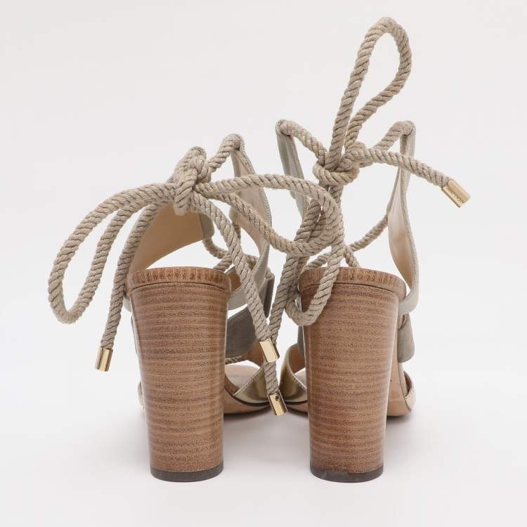 Pre Owned Jimmy Choo Grey/Gold Canvas and Leather Henni Cut Out Sandals Size 39