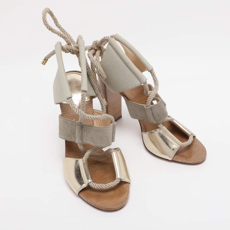 Pre Owned Jimmy Choo Grey/Gold Canvas and Leather Henni Cut Out Sandals Size 39