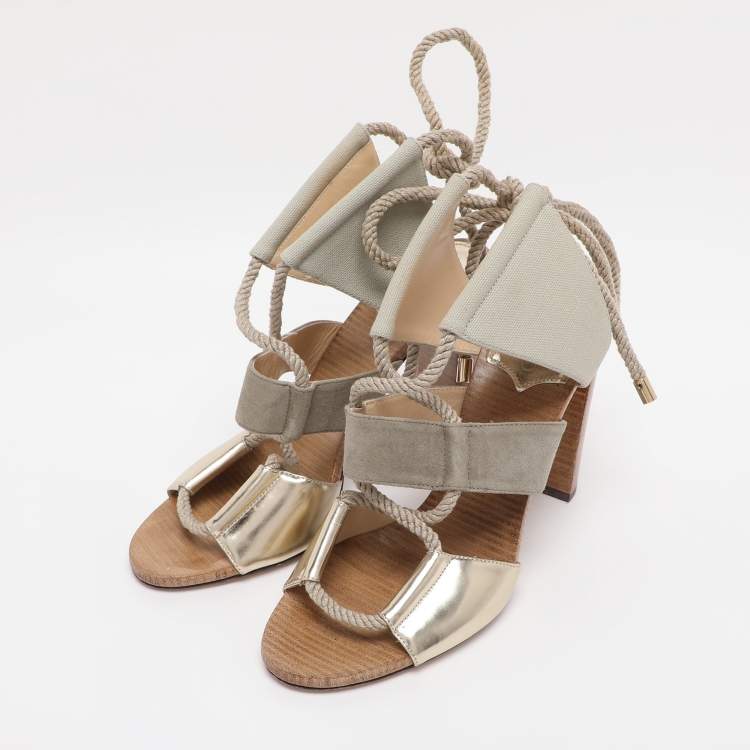 Pre Owned Jimmy Choo Grey/Gold Canvas and Leather Henni Cut Out Sandals Size 39