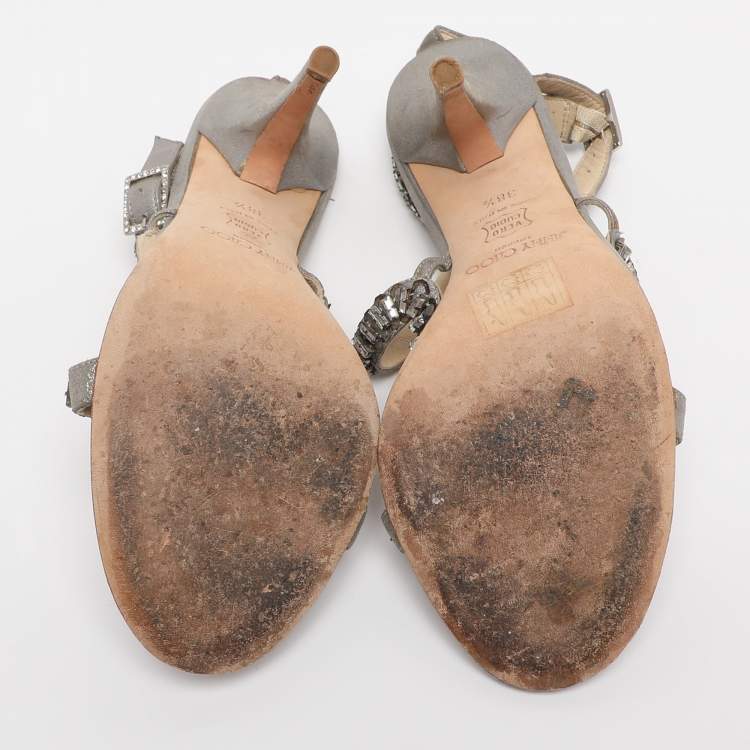 Pre Owned Jimmy Choo Metallic Grey Textured Suede Crystal Embellished Angel Sandals Size 38.5