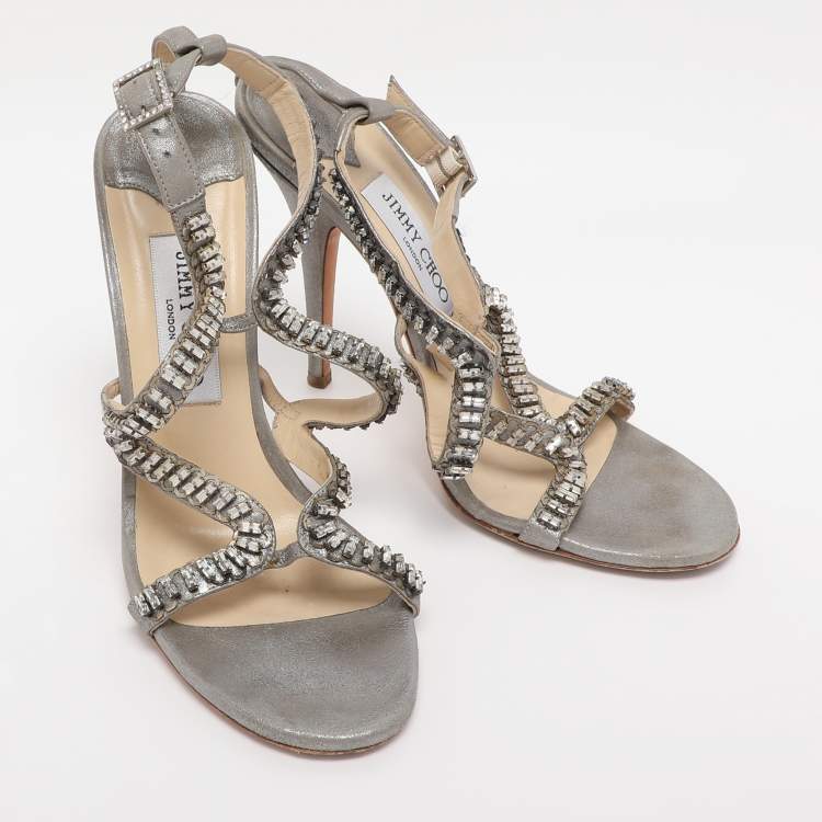 Pre Owned Jimmy Choo Metallic Grey Textured Suede Crystal Embellished Angel Sandals Size 38.5