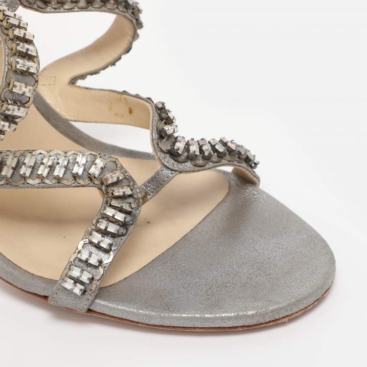 Pre Owned Jimmy Choo Metallic Grey Textured Suede Crystal Embellished Angel Sandals Size 38.5