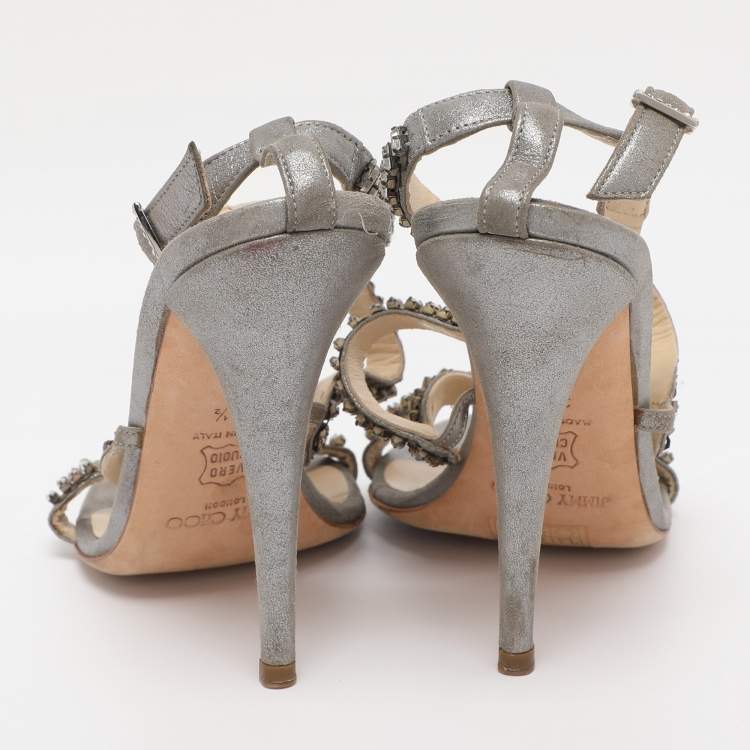 Pre Owned Jimmy Choo Metallic Grey Textured Suede Crystal Embellished Angel Sandals Size 38.5