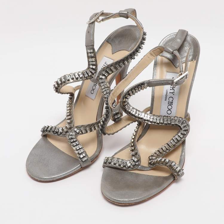 Pre Owned Jimmy Choo Metallic Grey Textured Suede Crystal Embellished Angel Sandals Size 38.5