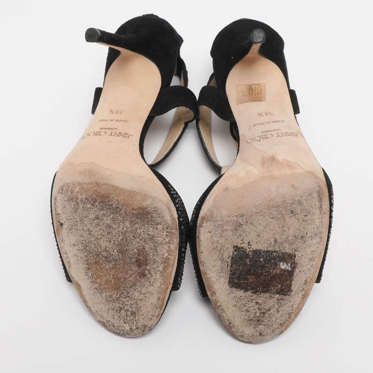 Pre Owned Jimmy Choo Black Suede Glint Rhinestone Strappy Sandals Size 38.5