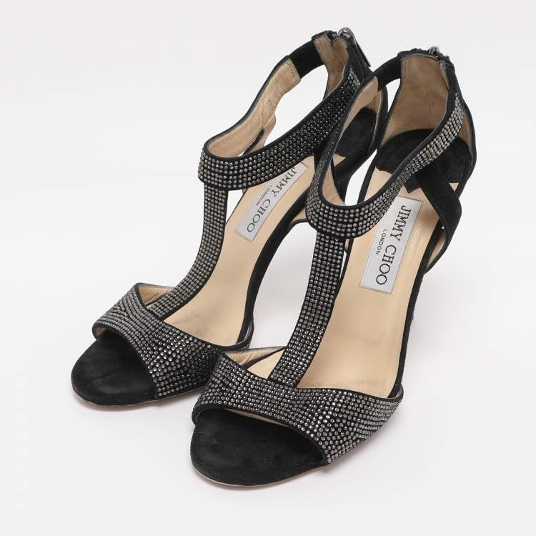 Pre Owned Jimmy Choo Black Suede Glint Rhinestone Strappy Sandals Size 38.5