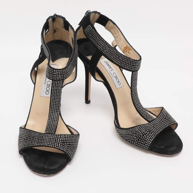Pre Owned Jimmy Choo Black Suede Glint Rhinestone Strappy Sandals Size 38.5