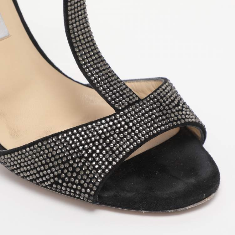 Pre Owned Jimmy Choo Black Suede Glint Rhinestone Strappy Sandals Size 38.5