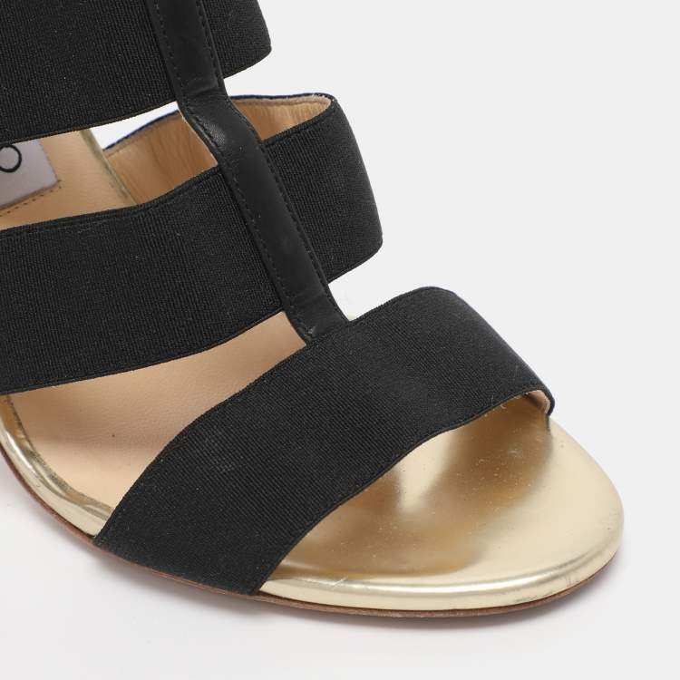 Pre Owned Jimmy Choo Gold/Black Leather And Elastic Cage Sandals Size 38.5