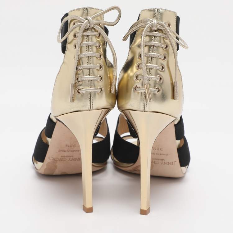 Pre Owned Jimmy Choo Gold/Black Leather And Elastic Cage Sandals Size 38.5