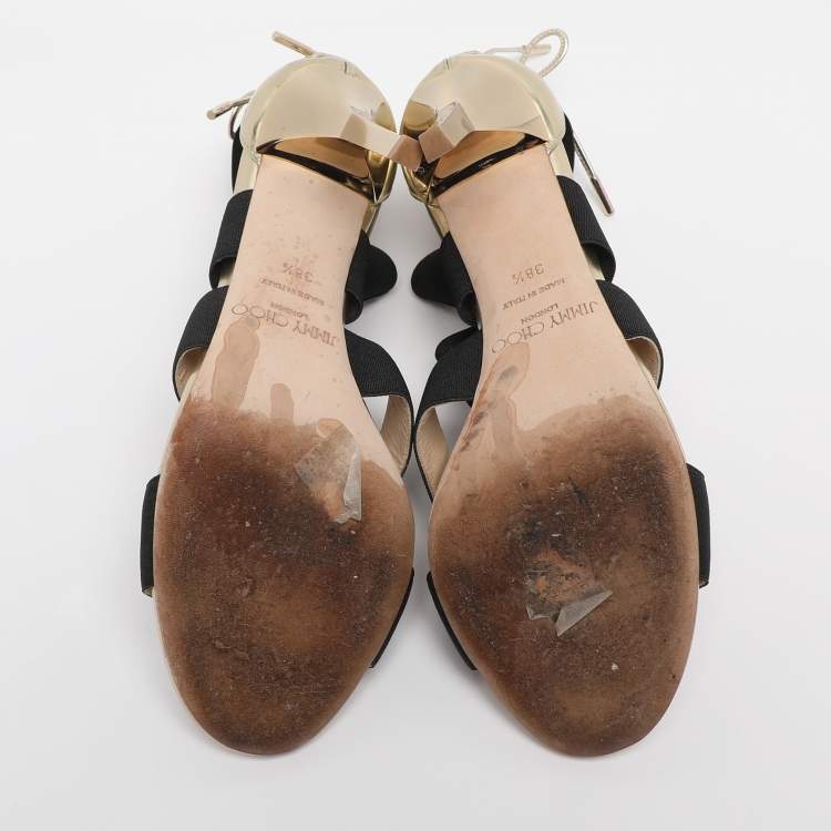 Pre Owned Jimmy Choo Gold/Black Leather And Elastic Cage Sandals Size 38.5