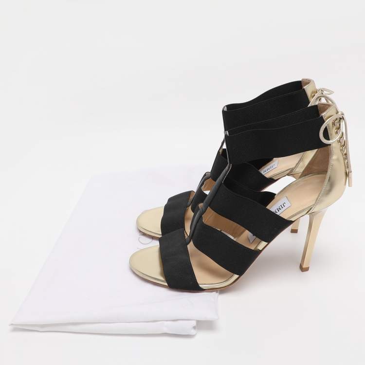 Pre Owned Jimmy Choo Gold/Black Leather And Elastic Cage Sandals Size 38.5
