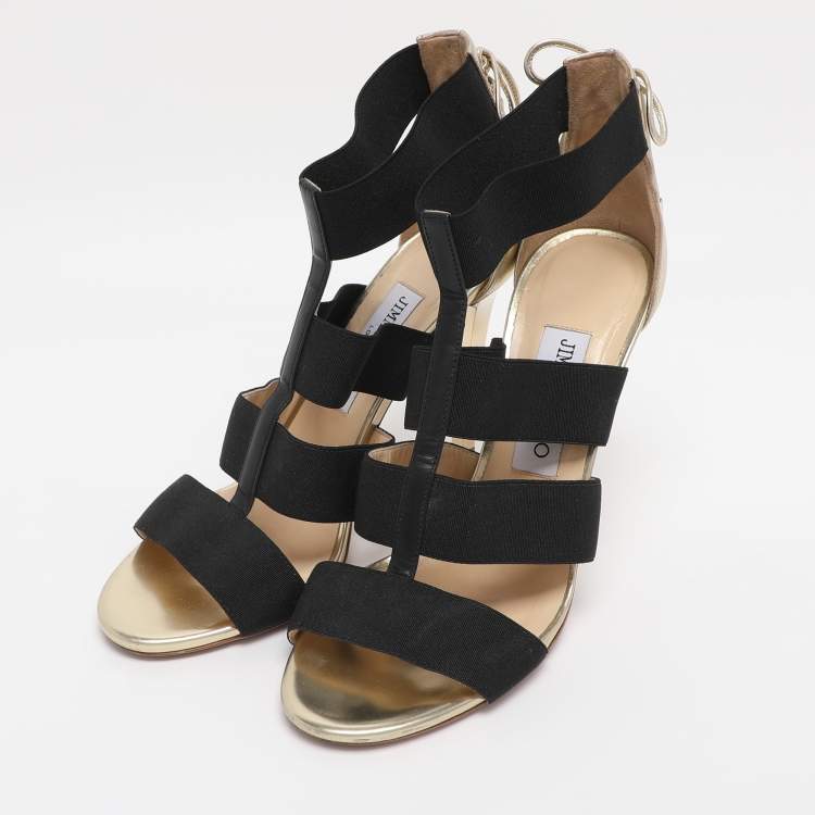 Pre Owned Jimmy Choo Gold/Black Leather And Elastic Cage Sandals Size 38.5