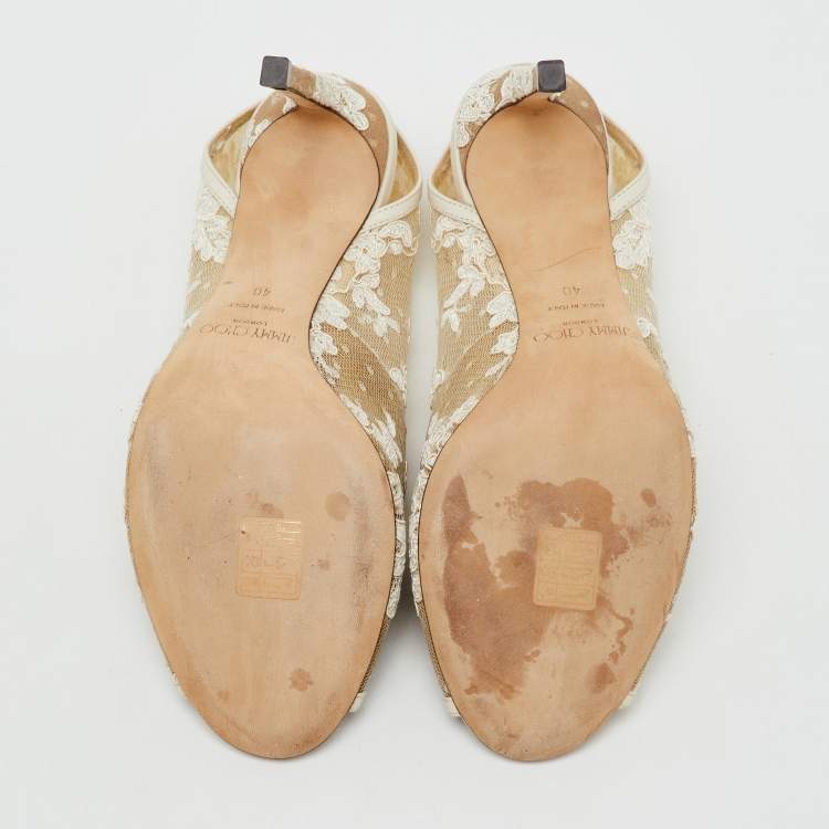 Pre Owned Jimmy Choo White Lace and Leather Shar Slingback Pumps Size 40