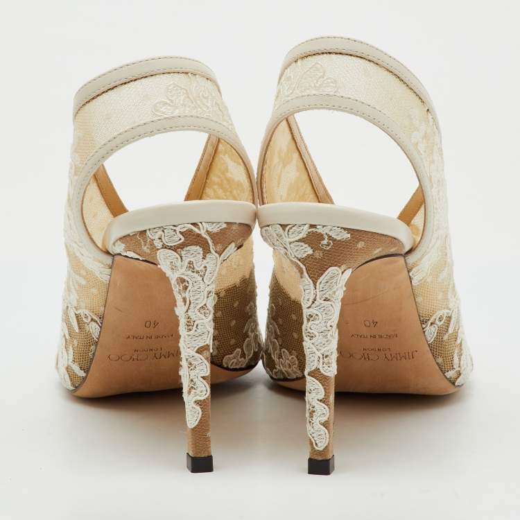 Pre Owned Jimmy Choo White Lace and Leather Shar Slingback Pumps Size 40
