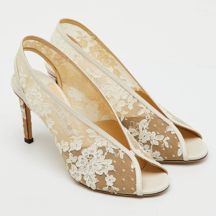 Pre Owned Jimmy Choo White Lace and Leather Shar Slingback Pumps Size 40